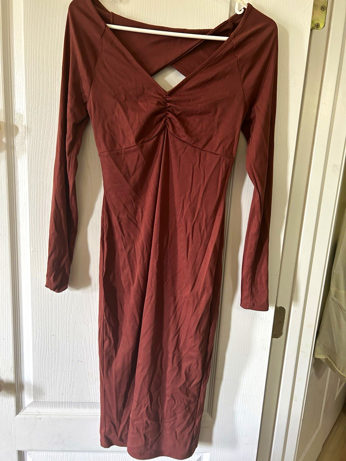 Planet Gold Brown Bodycon Midi Dress Cut Out Ruched Knit Stretch M ABJD821