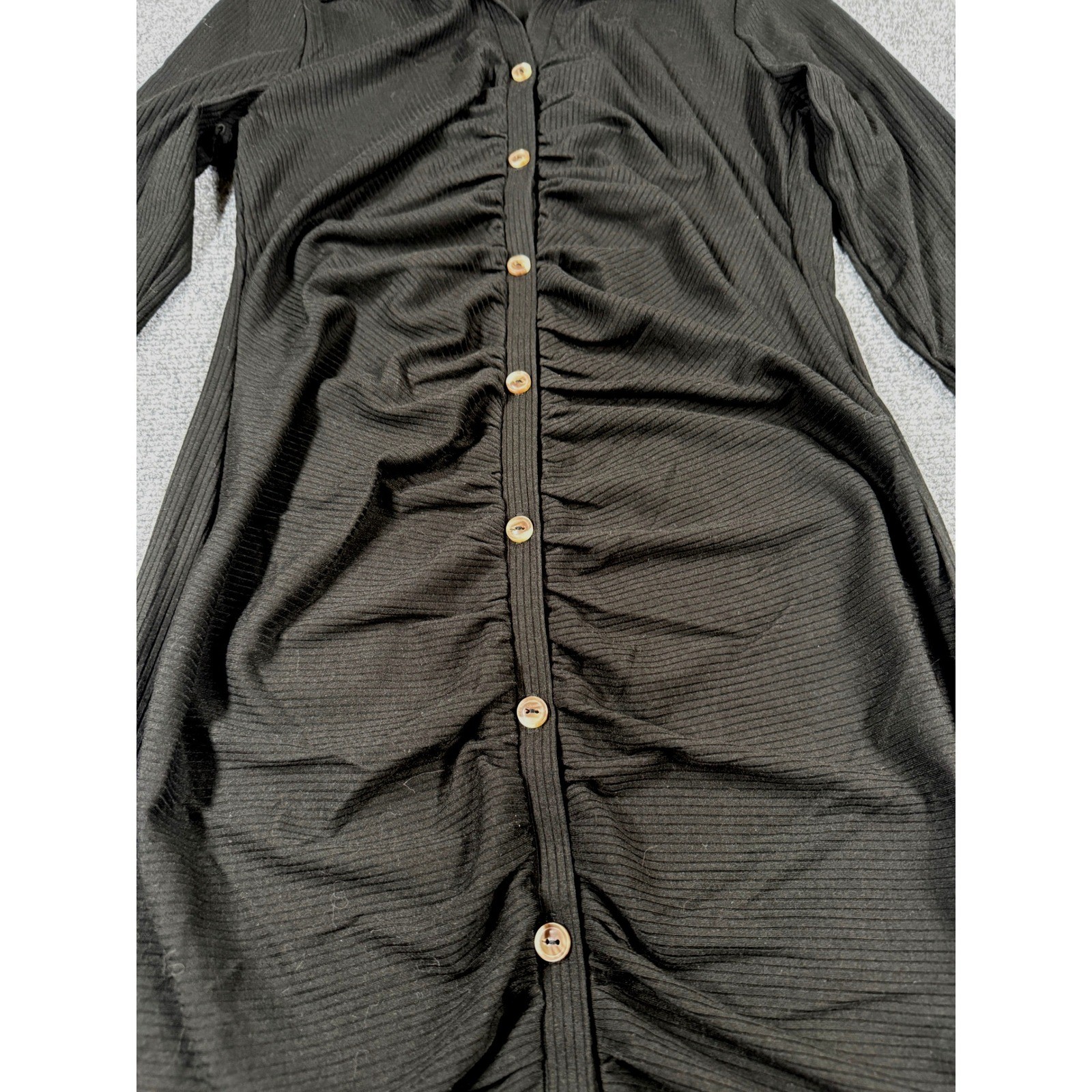 Andree by Unit Womens Medium Black Ribbed Long Sleeve Button Ruched Dress NEW