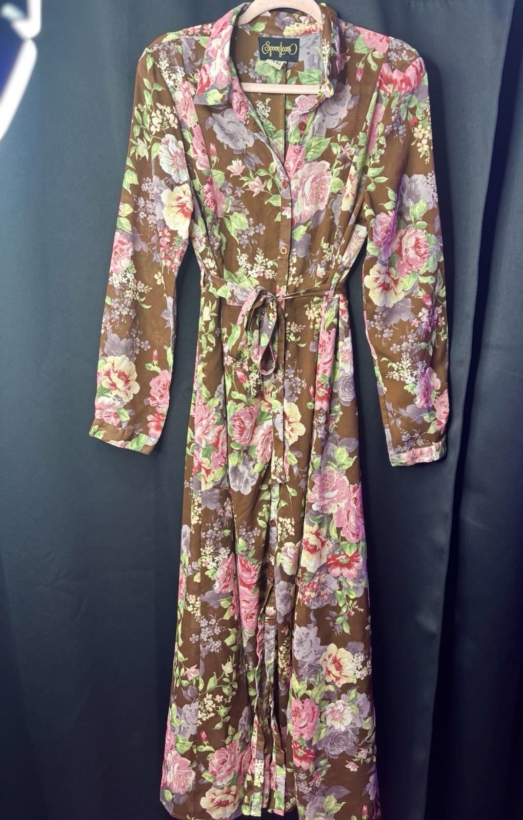 Spoon Jeans XXL Brown Floral Shirt Dress Midi Collared Long Sleeve Button Belted