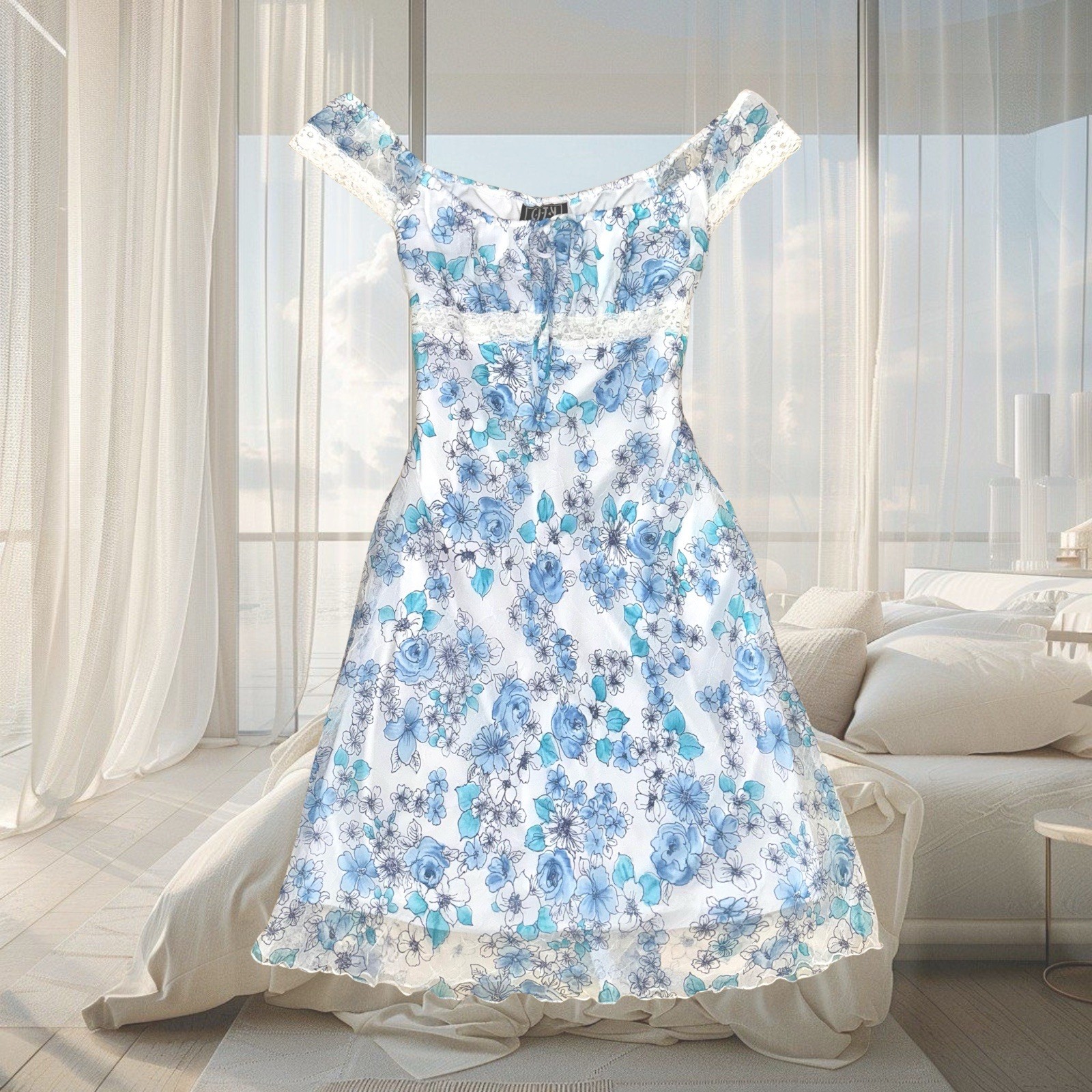 Vintage Y2K Summer Party Blue Floral Flower White Lace Milkmaid Ribbon Dress