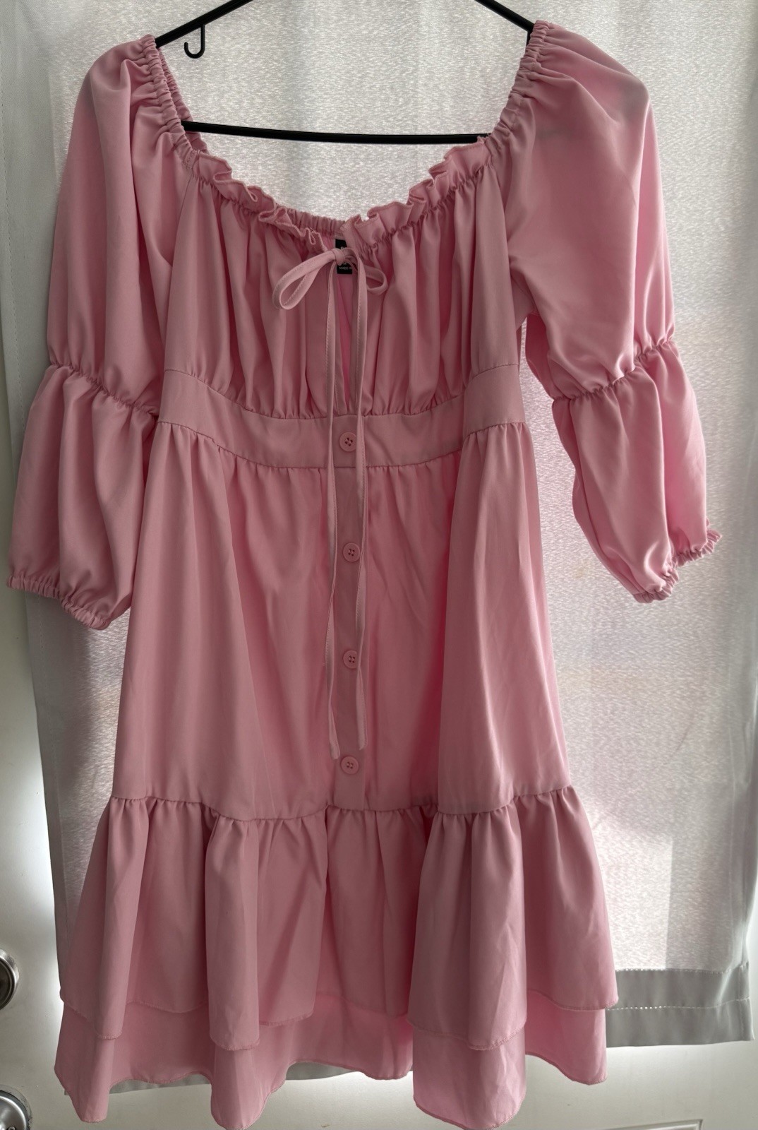 Women’s Pink Solid Square Neck Puff 3/4 Sleeve Button Ruffle Mini Dress, M