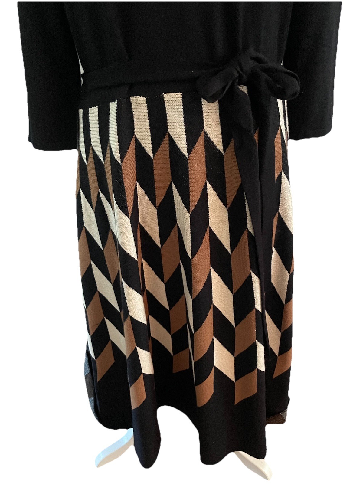DANNY & NICOLE Black/Cream/Tan Geometric 3/4 Sleeve Belt Sweater Dress Sz L