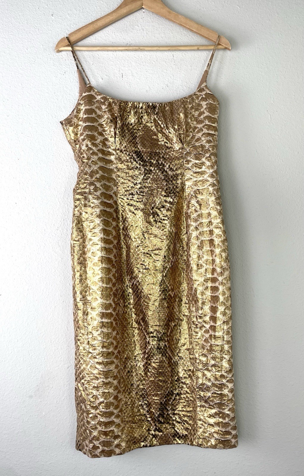 Tracy Reese Vintage Silk Gold Metallic Snakeskin Dress 8 Cocktail Back Bow