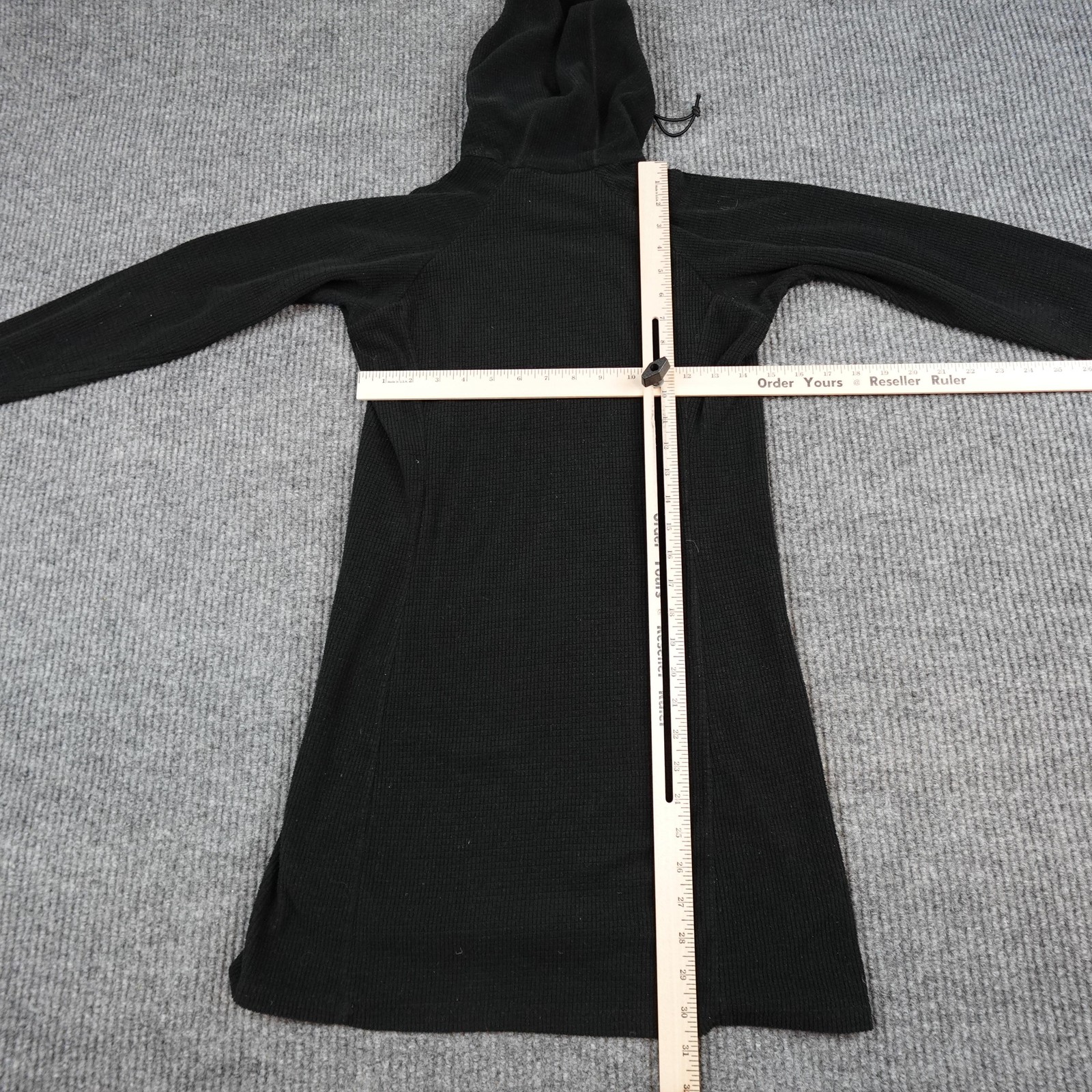 Melanzana Sweater Dress Womens Small Black Micro Grid Hooded Fleece Pocket