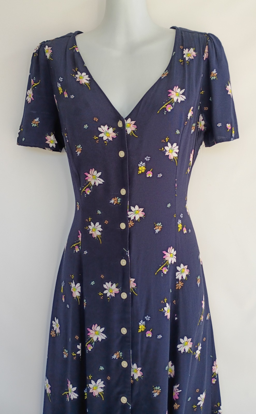 Vintage 90s GAP Button Front Navy Blue Floral Daisy Midi Dress Whimsigoth XS 2