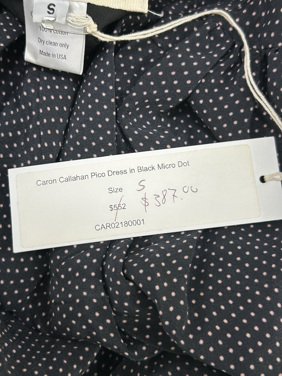 NWT Caron Callahan Pico Black Micro Dot USA Raw Hem Midi Dress Cotton Small S