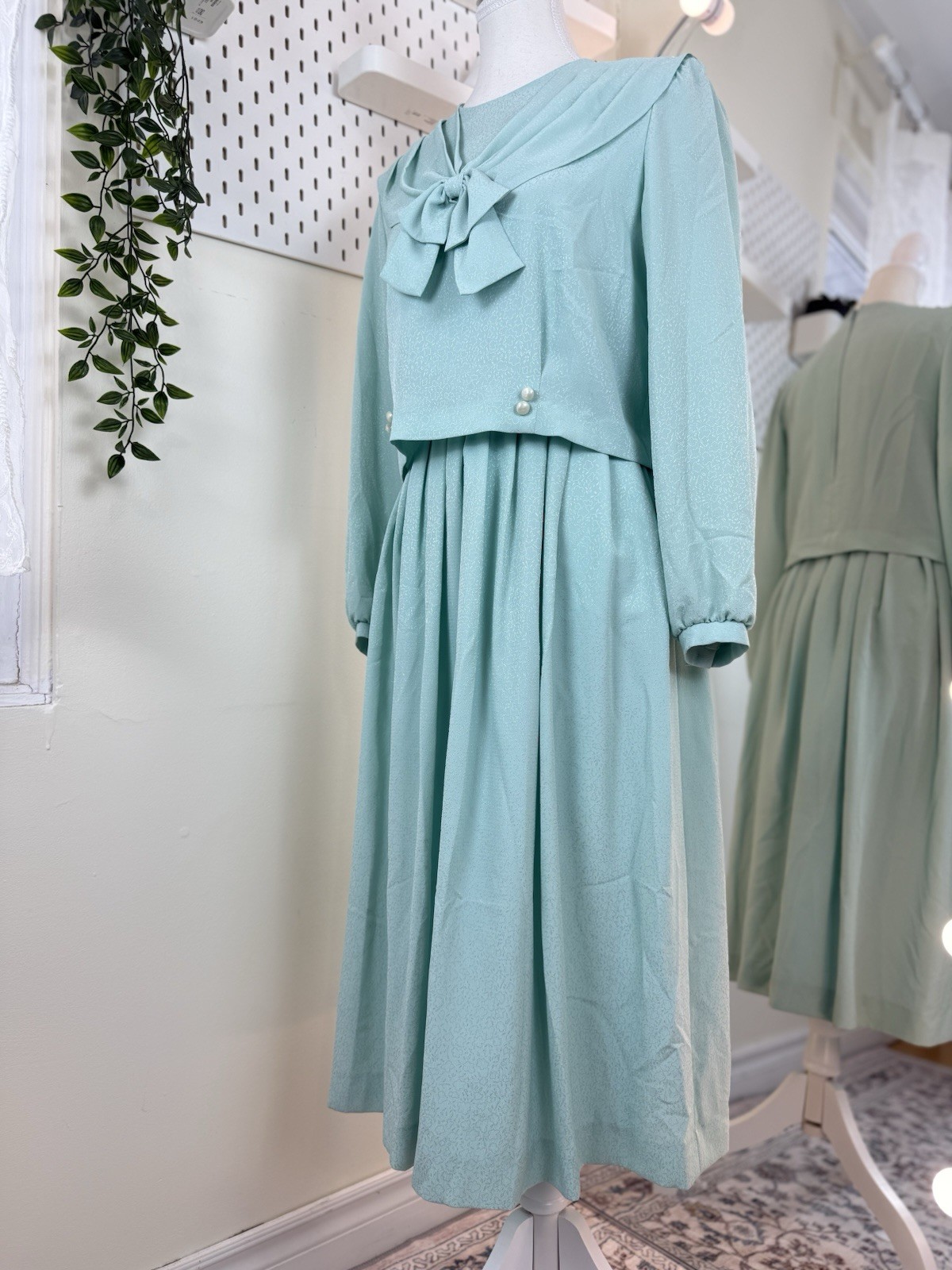 Fransoise Bow Neck Midi Dress Long Sleeve Pearl Button Detail Pleated Skirt