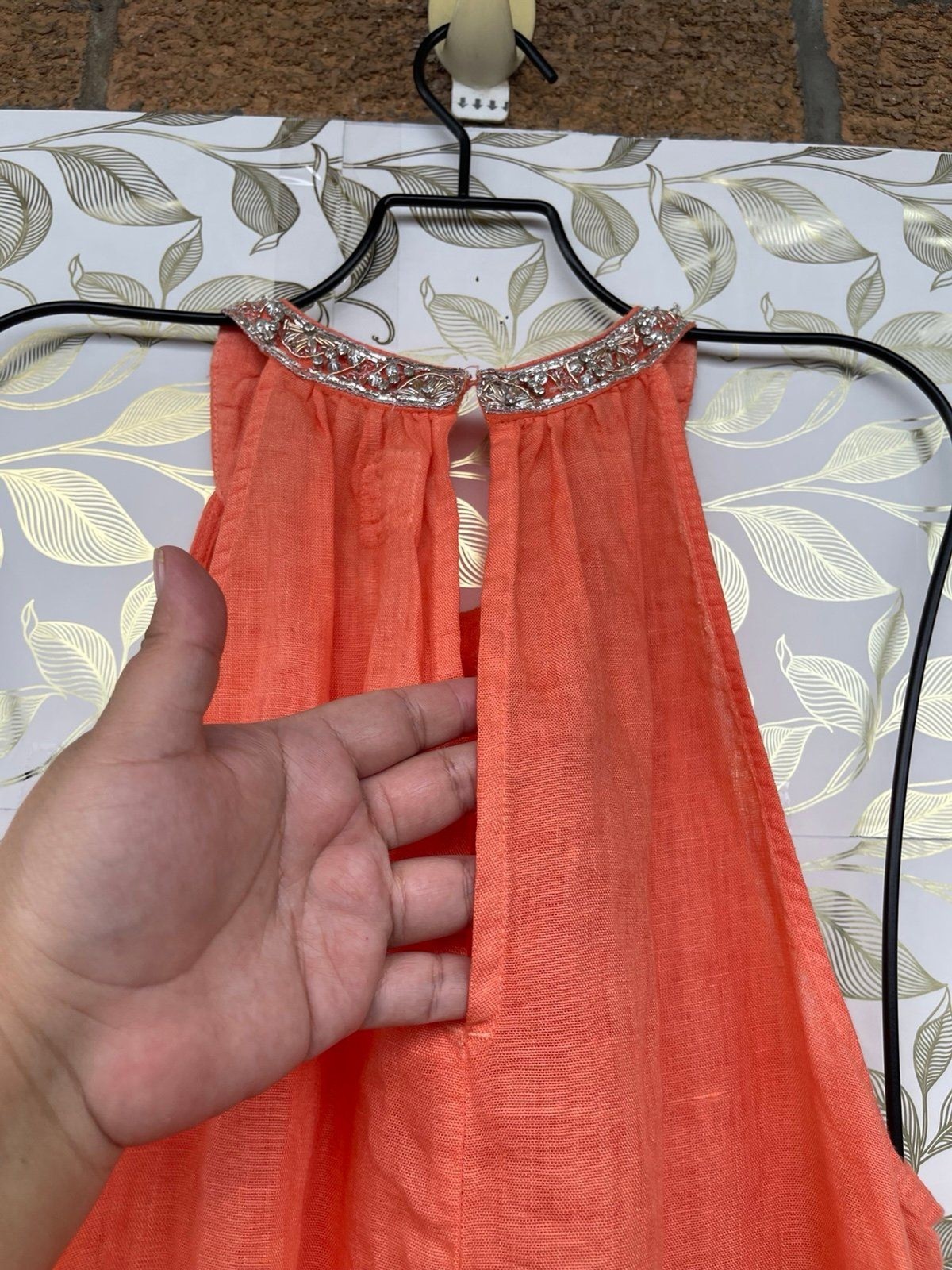120% Lino Orange Halter Linen Shift Dress Embellished Neck Fringe IT 48 /12