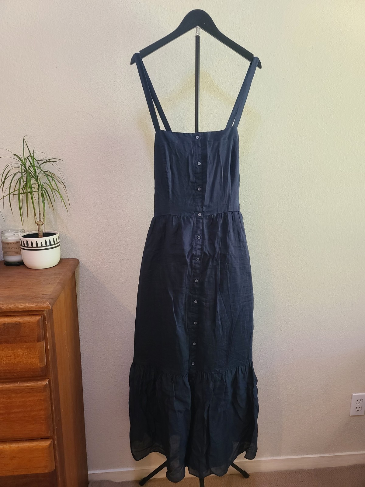 XL Banana Republic Womens Navy Blue Ramie Tiered Maxi Dress Button Front Pockets