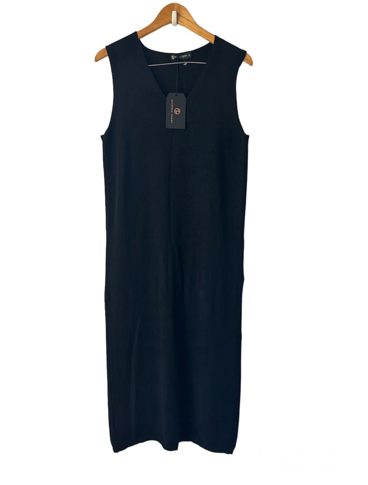ALCHEMIA TRICOT Black Italian Sleeveless V-Neck Maxi Sweater Dress S/M/L