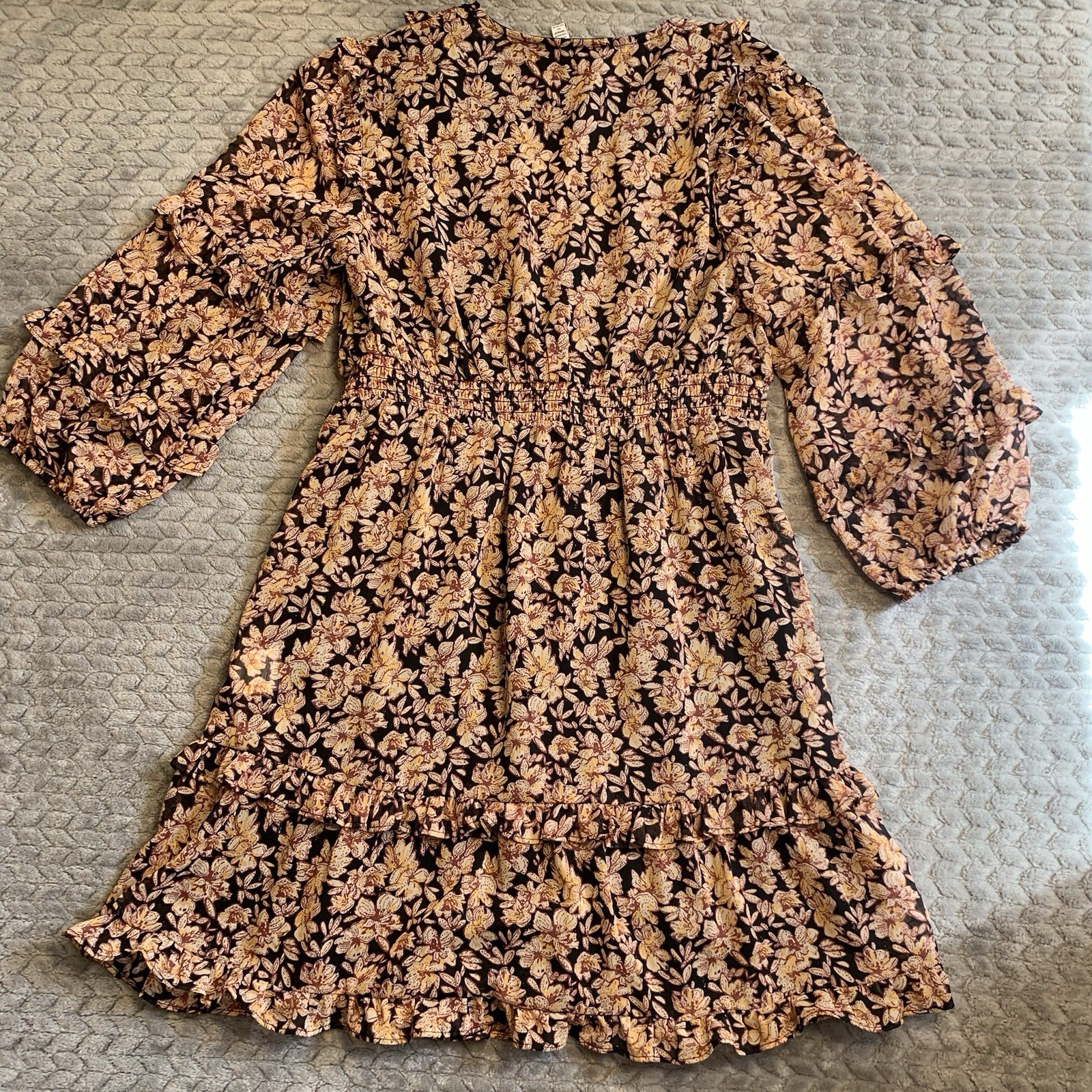 Jessica Simpson Floral Shift Dress Ruffles Sz XS Black, Gold, Brown