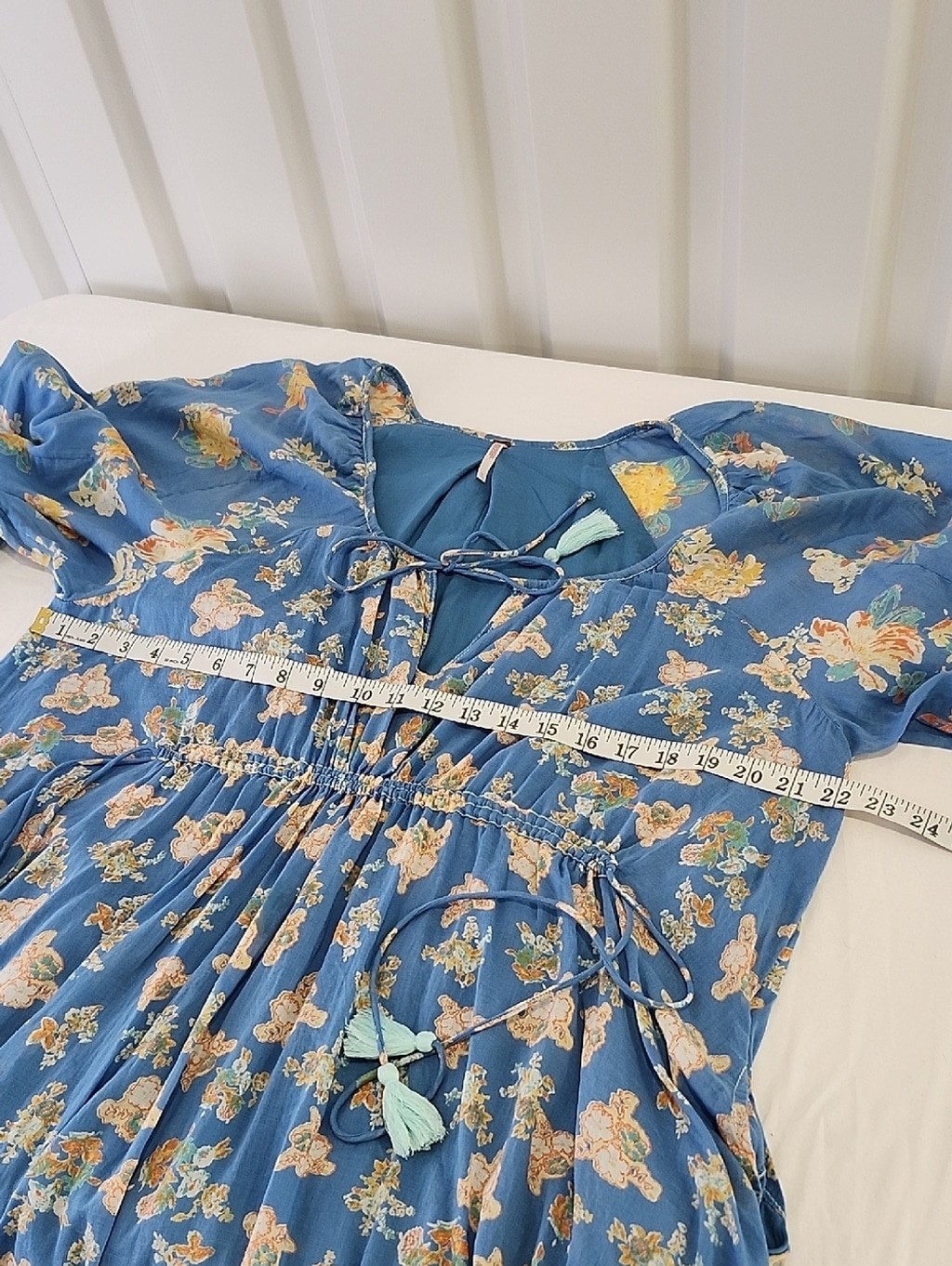 Free People Camella Blue Floral Peasant Mini Dress with Puff Sleeves Size XL