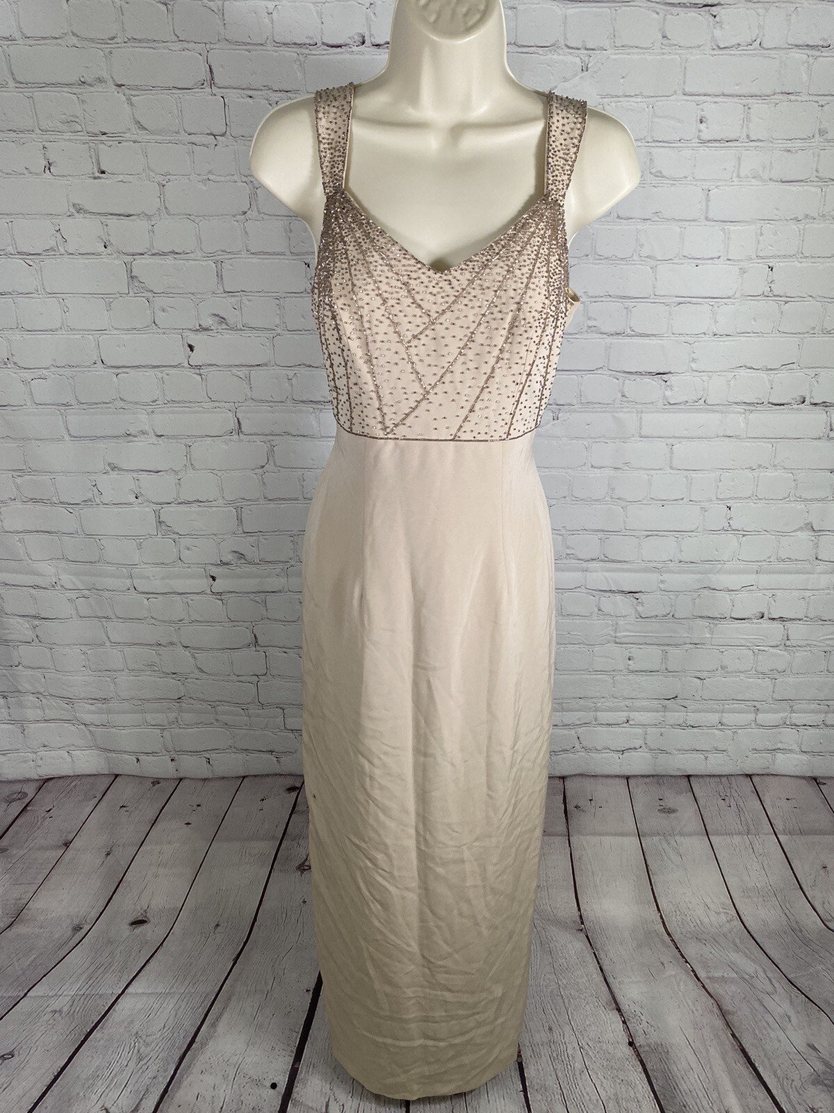 VTG Montage By Mon Cheri Champagne Beaded Long Sleeveless Sheath Dress 4