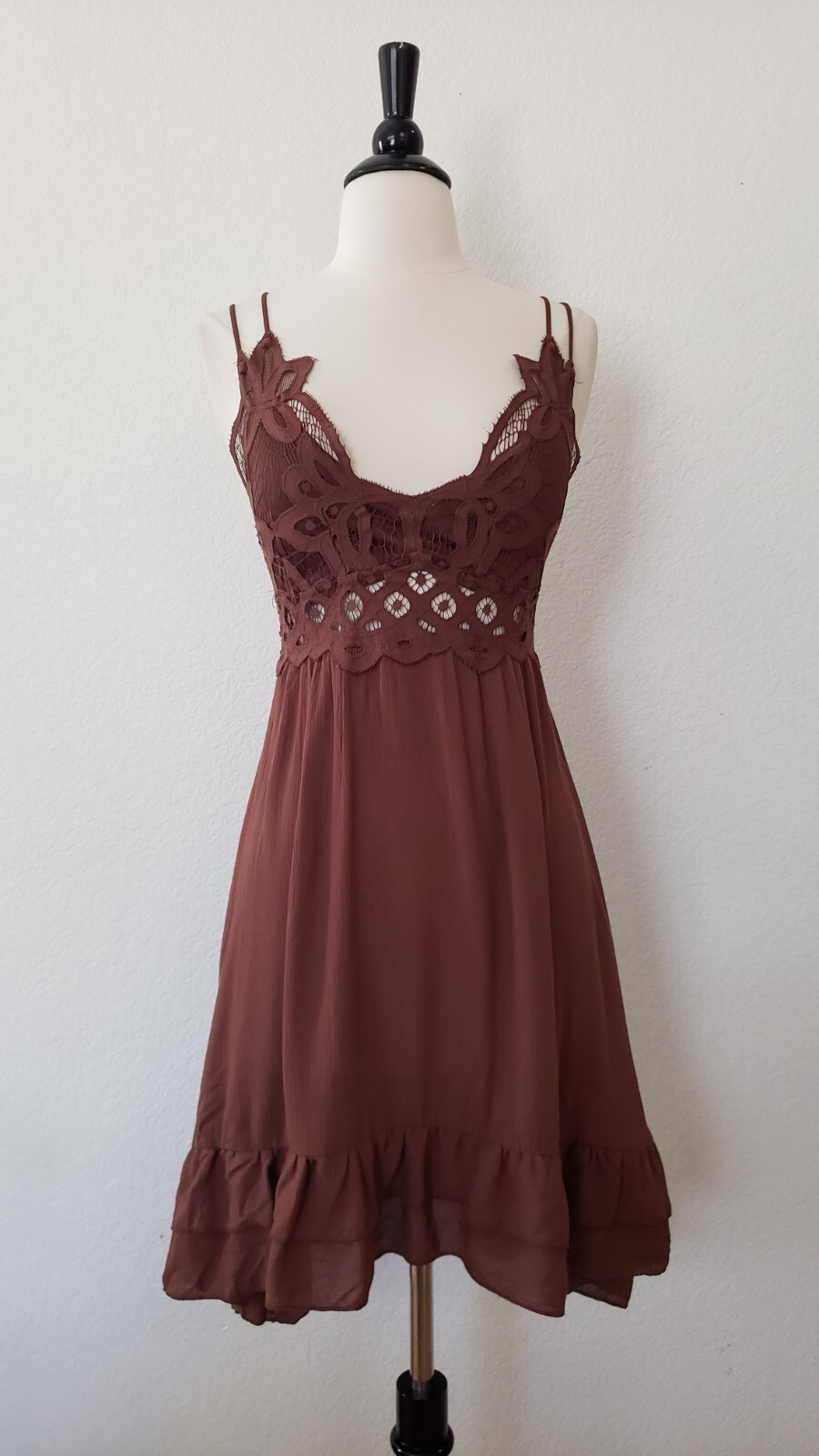 Free People Adella Dress Dupe Size Small Brown Bridal Boho Smocked Ruffles Retro