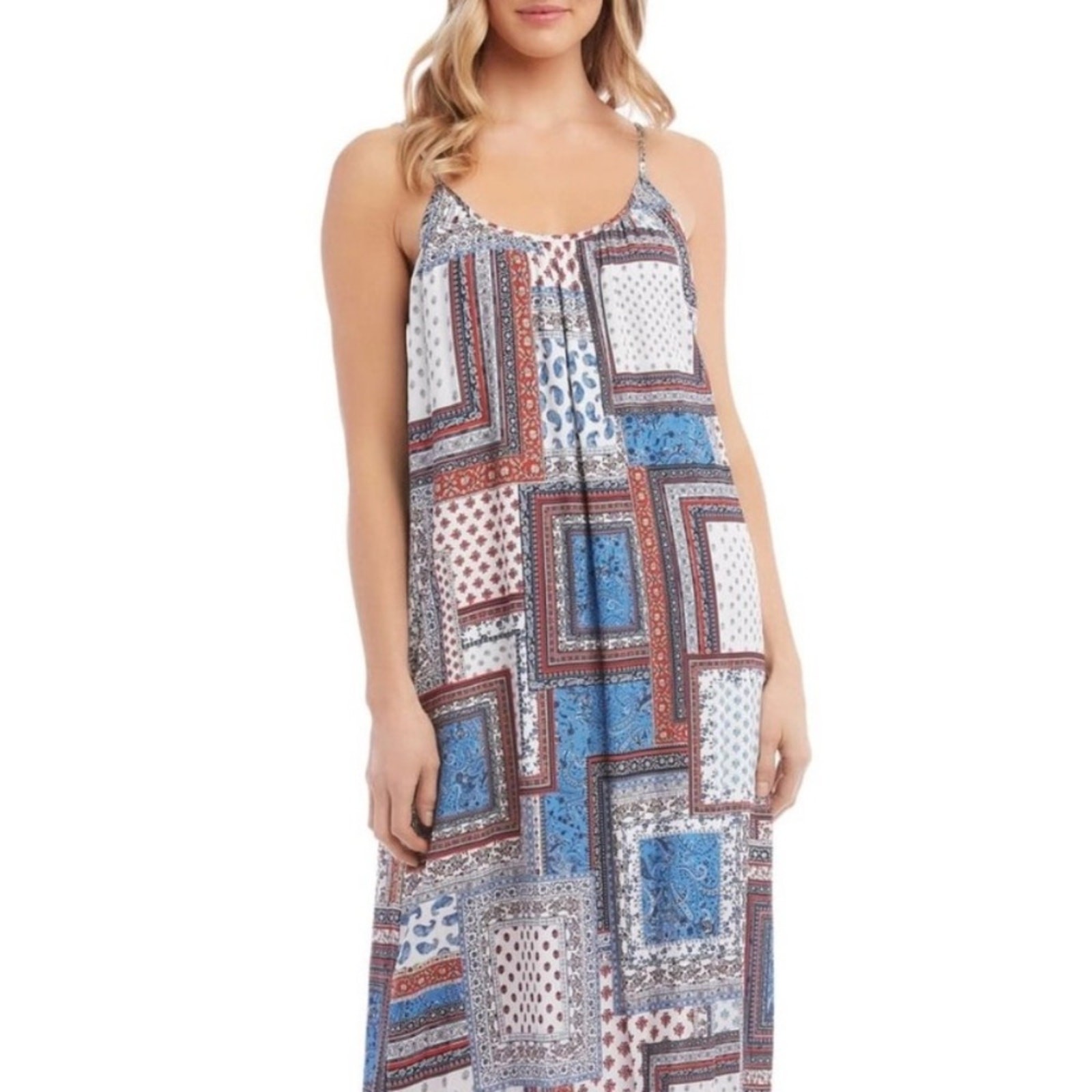 Karen Kane Patchwork Paisley Sleeveless Ruffle Hem Maxi Dress Boho Size S