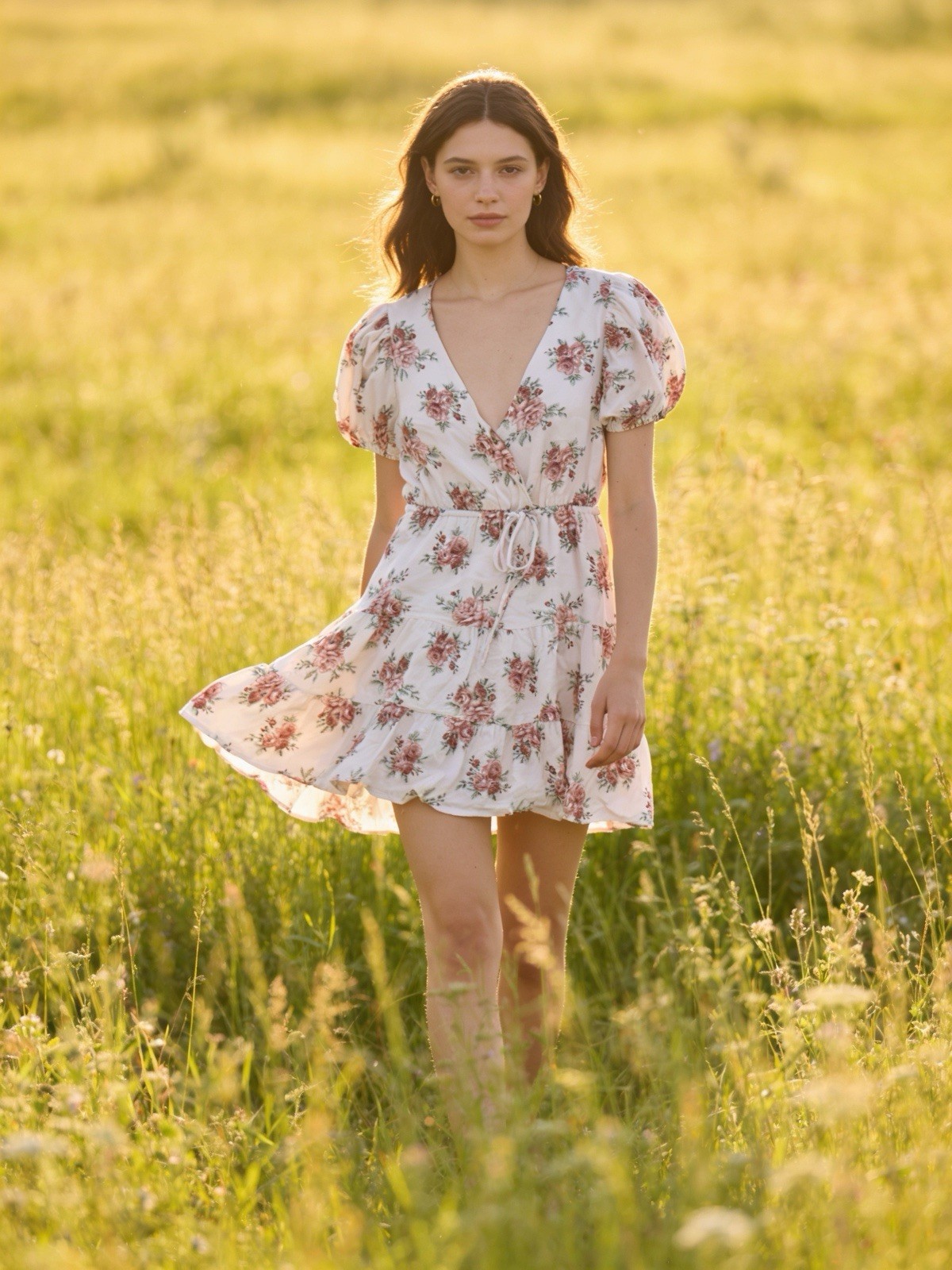 Forever 21 Floral V-Neck Puff Sleeve Tie Waist Tiered Mini Dress L