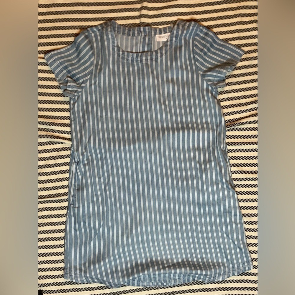 Impressions Sky Blue and White Striped Dress with Buttons closure in the back.