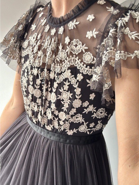 Needle & Thread Embroidered Tulle Midi Dress Black Cream Floral Wedding Guest 2