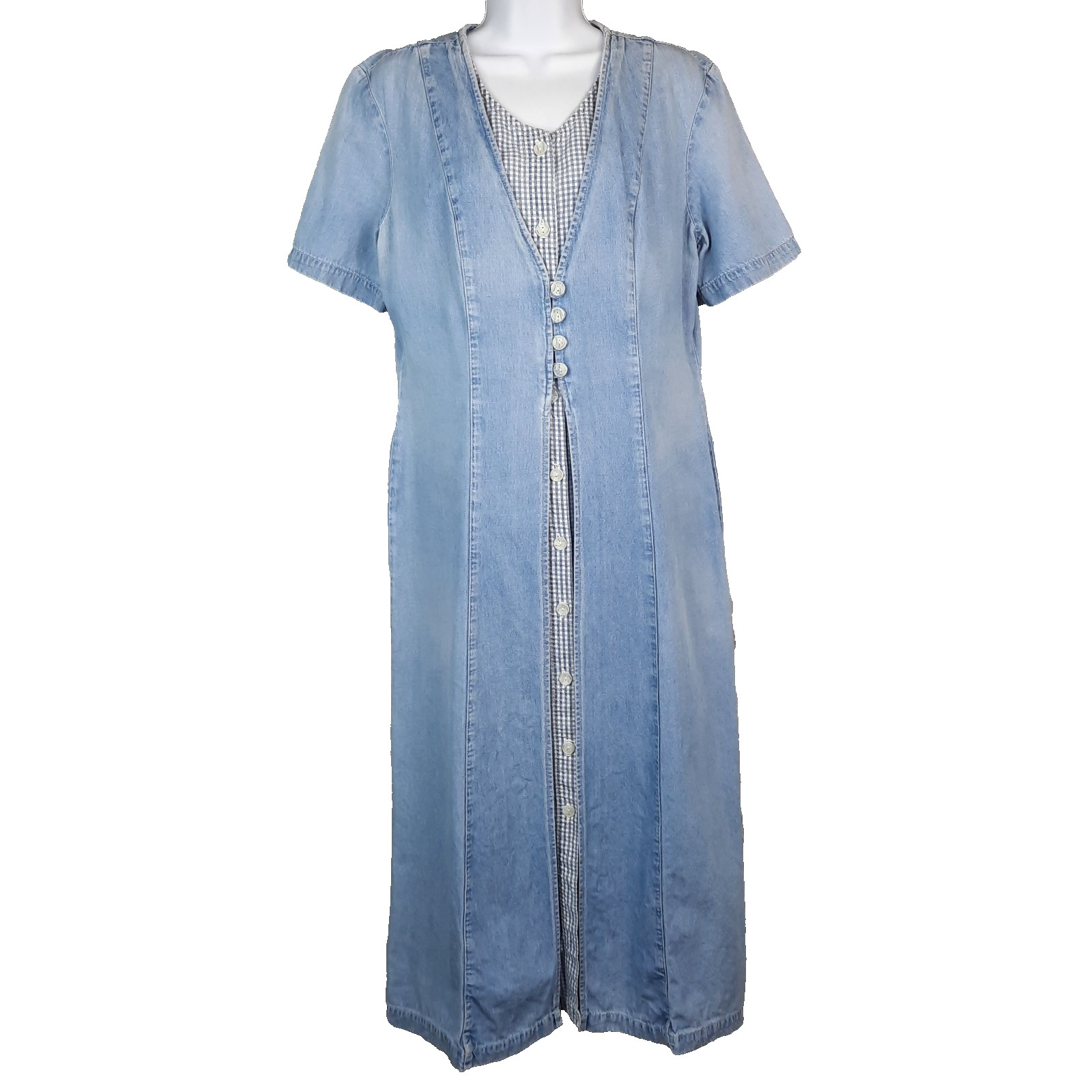 VTG 90s Button Front Denim Gingham Dress Womens 12 Cottagecore Prairie Western