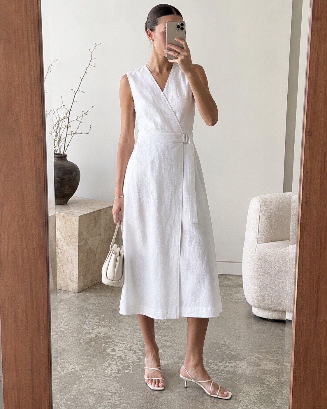 Theory Caliver 2 White Sleeveless V-Neck Wrap A-Line Midi Dress Size 10