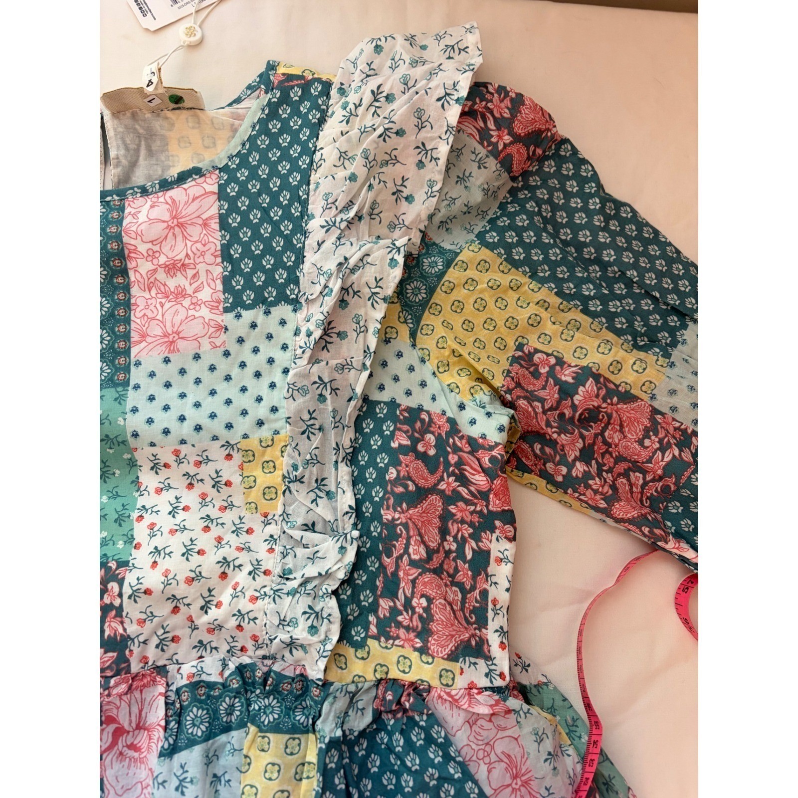 New Simply Southern Patchwork Tiered Maxi Dress Pink Teal Floral Large cottage