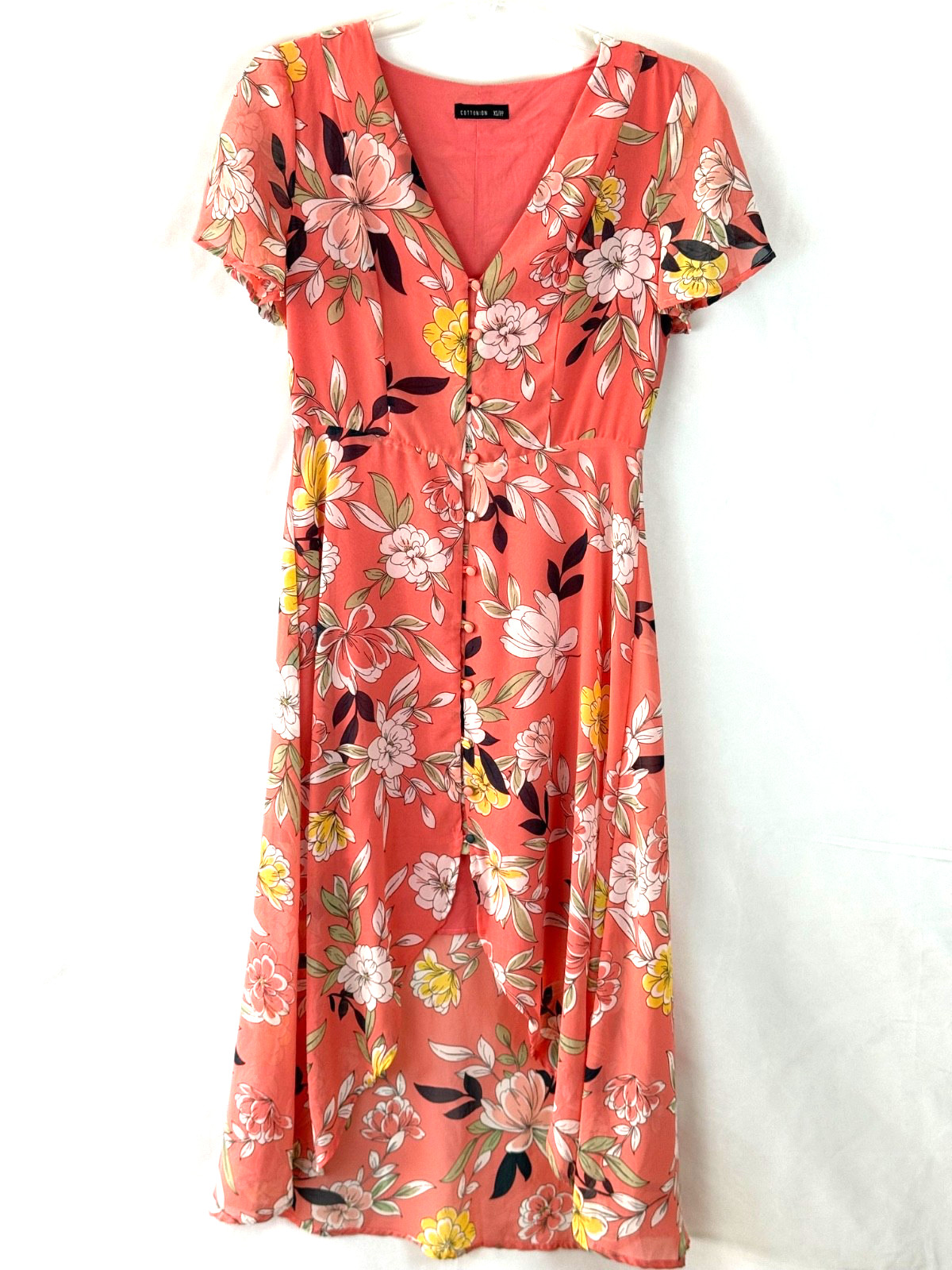 CottonON: wm sz XS HiLow/Asymetrical dress lined flower print cap sleeves button