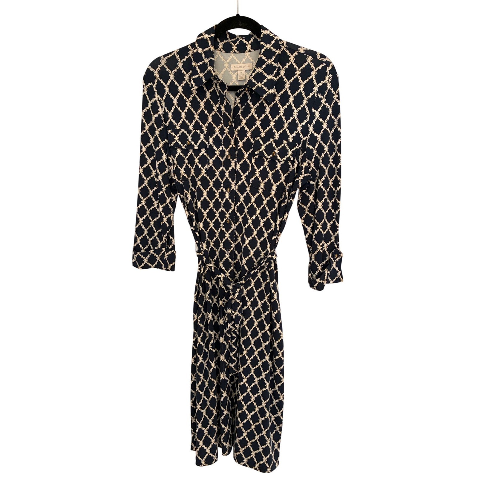 Charter Club Navy Blue Trellis Print Shirt Dress 3/4 Sleeve Belted Size M