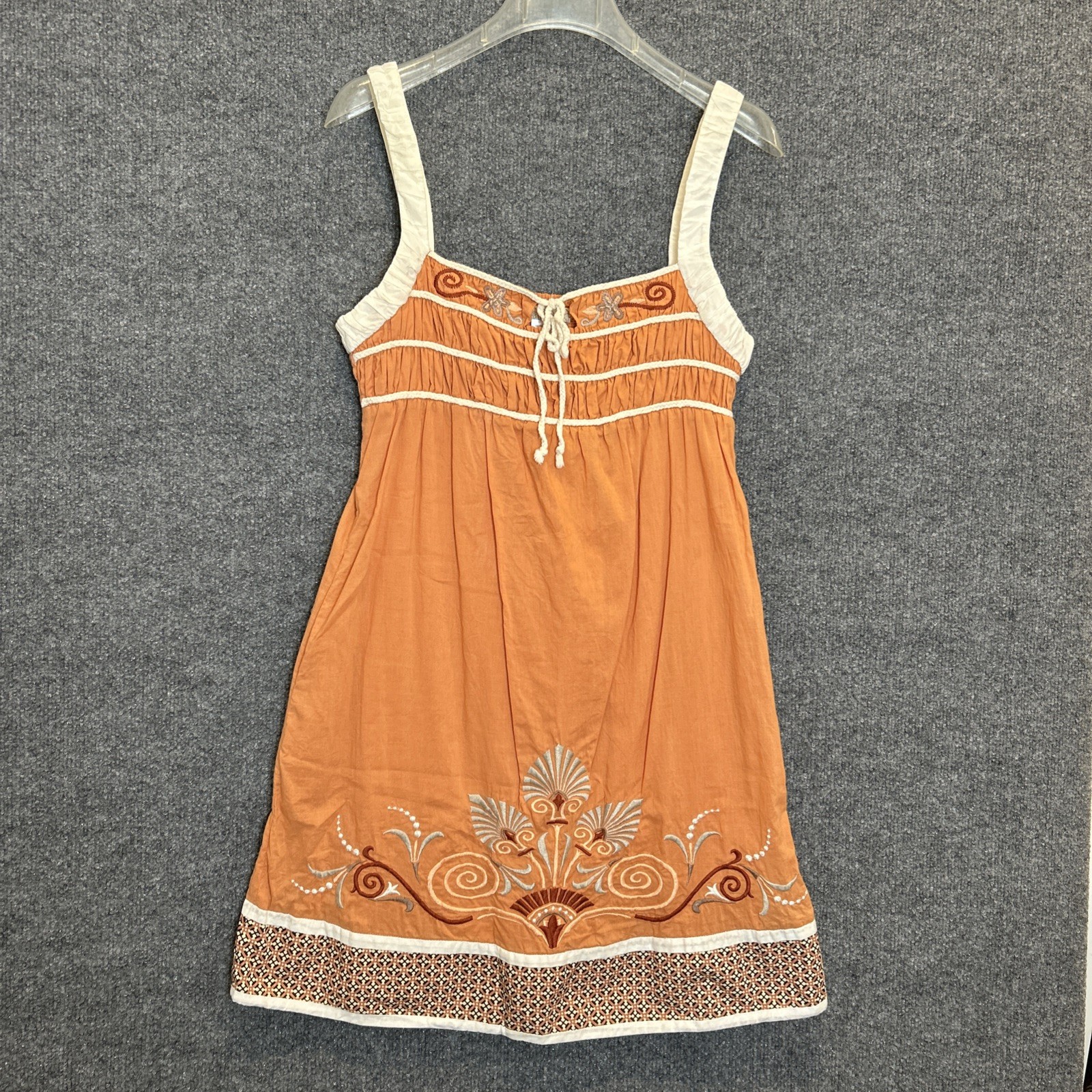 Lulumari Mandarin Orange Women’s Embroidered Midi dress Boho Chic Beach EUC
