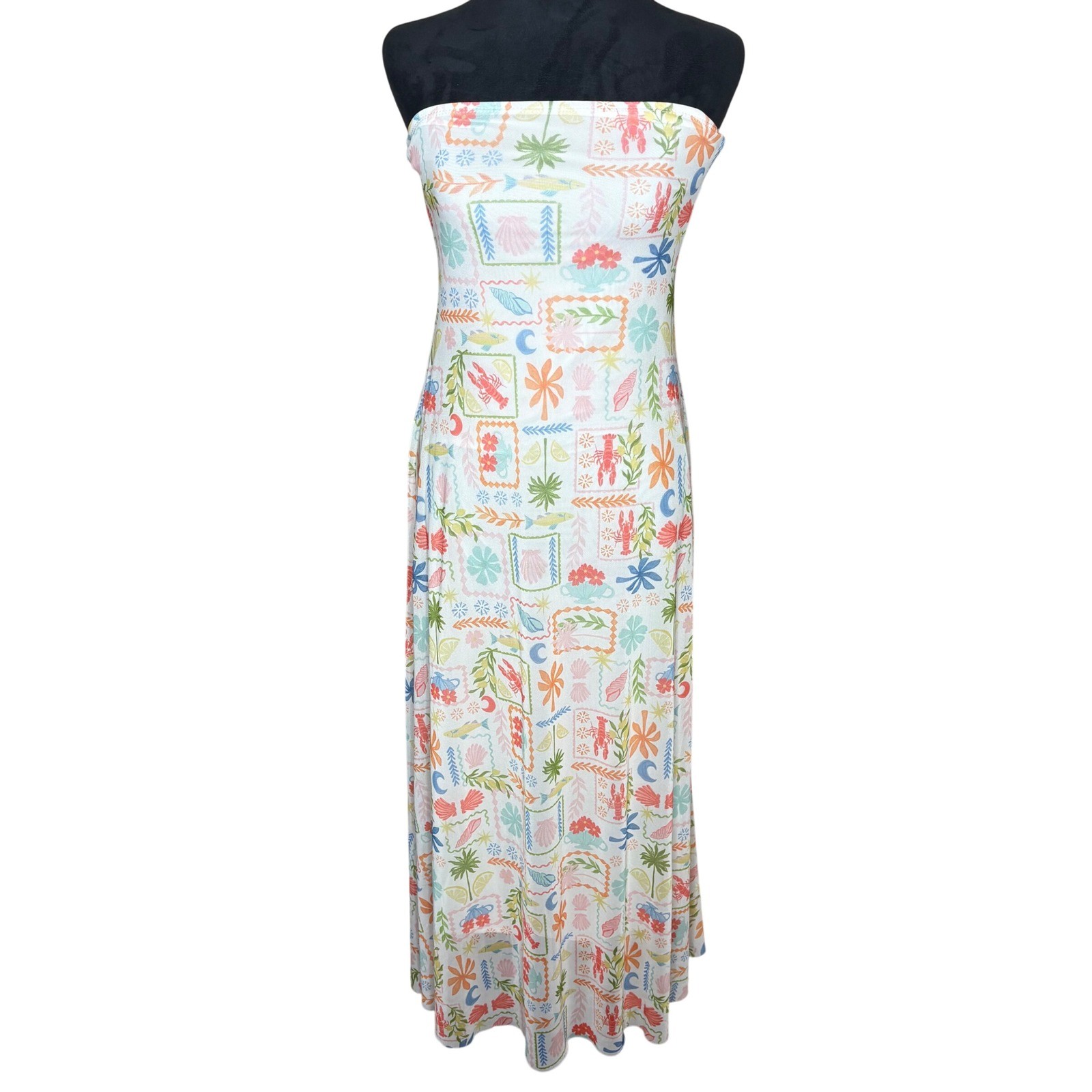 See You Monday Coastal Lobster Print Strapless Mesh Maxi Dress XS White Tropical