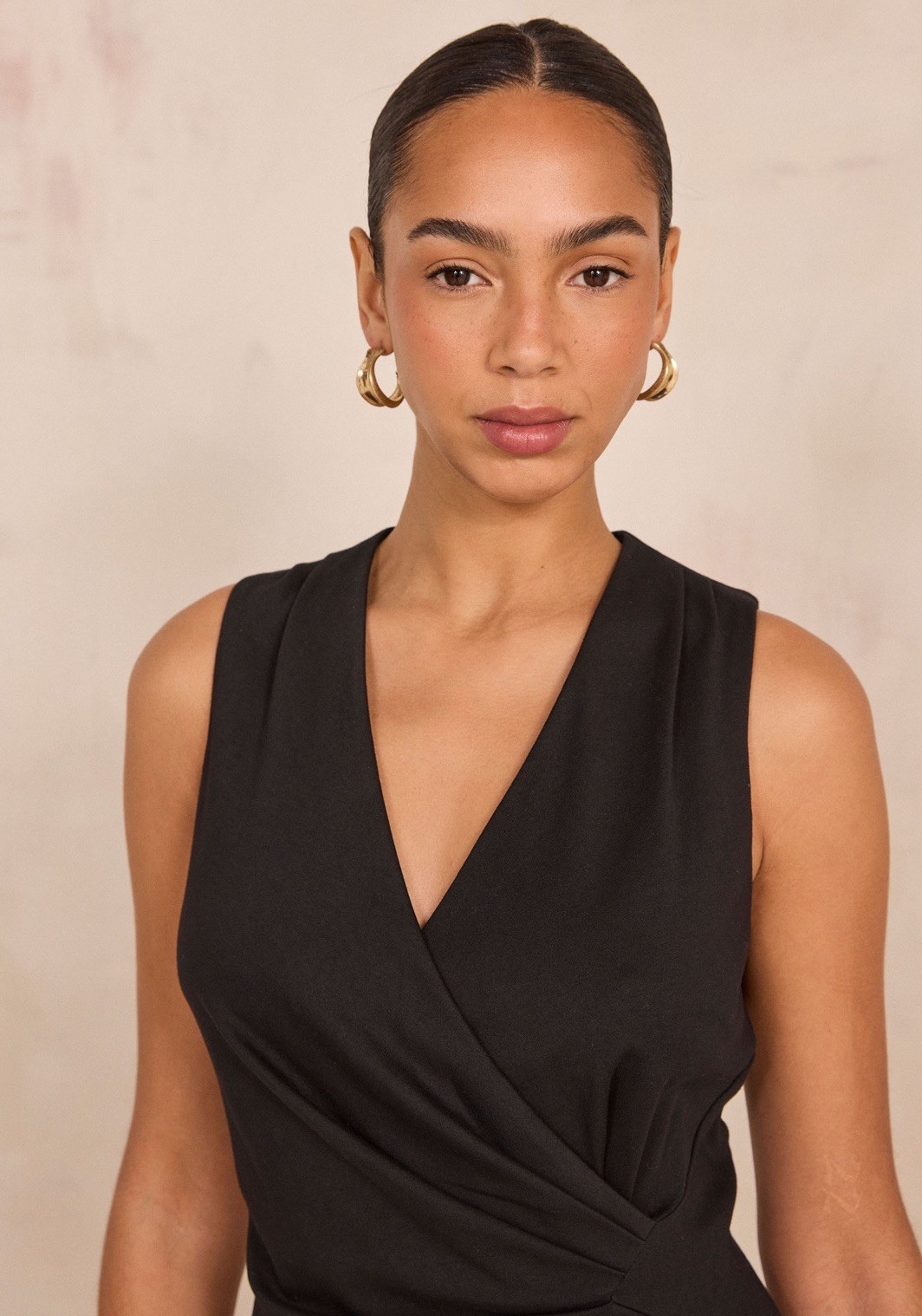 Jones New York Faux Wrap Midi Dress Women’s Black LBD Sz 8 Cocktail Party Club