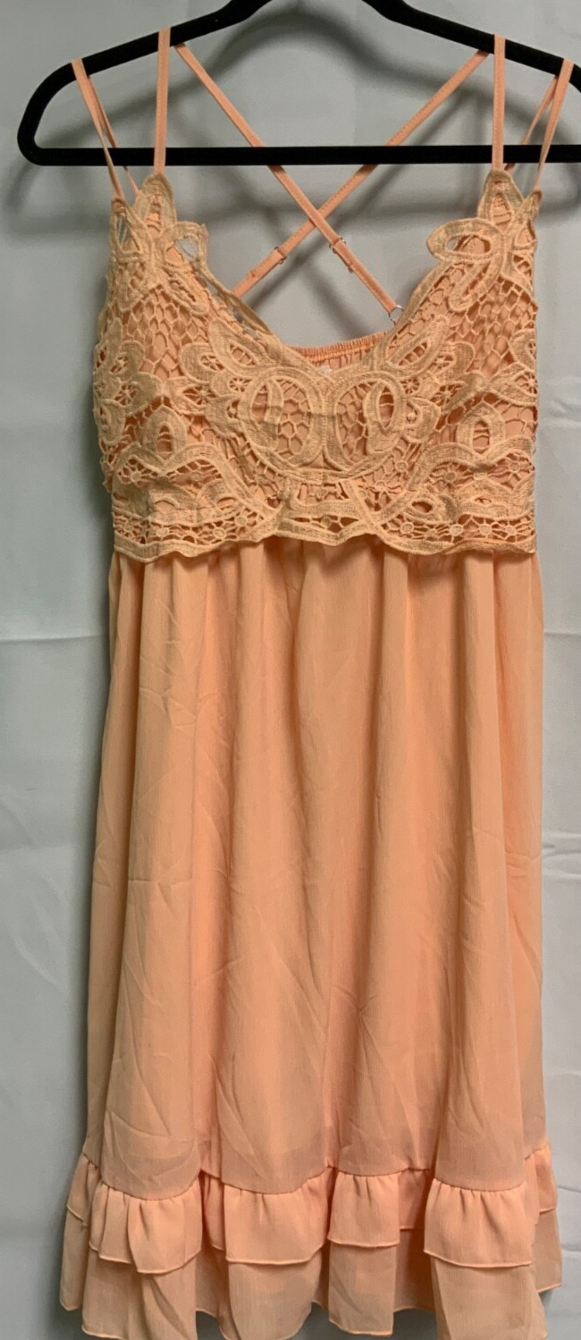 Feager Peach Color Sun Dress, Crisscross Adjustable Straps, lace Size XL