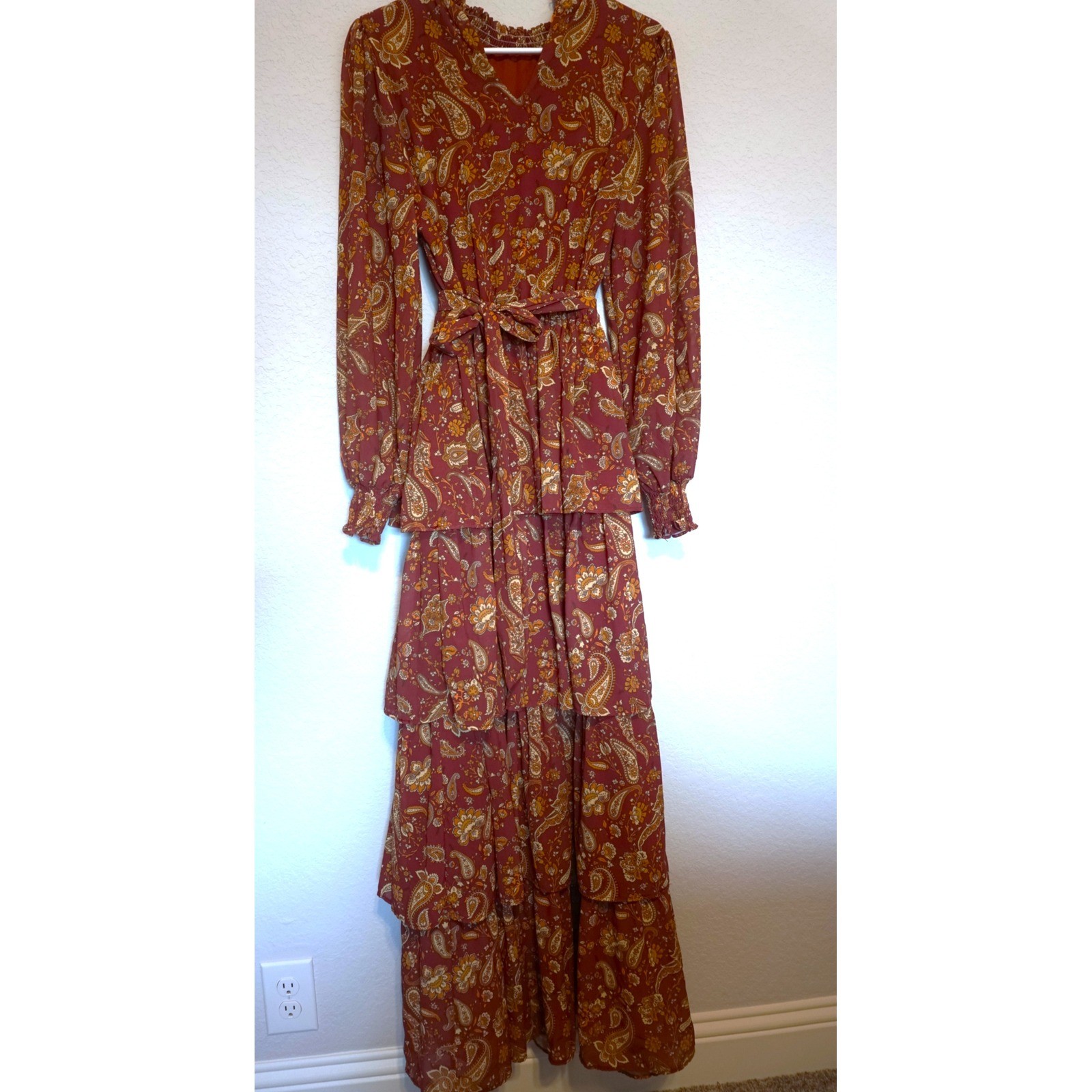 Flying Tomato Rust Paisley Tiered Ruffle Maxi Dress Boho Long Sleeve Womens M