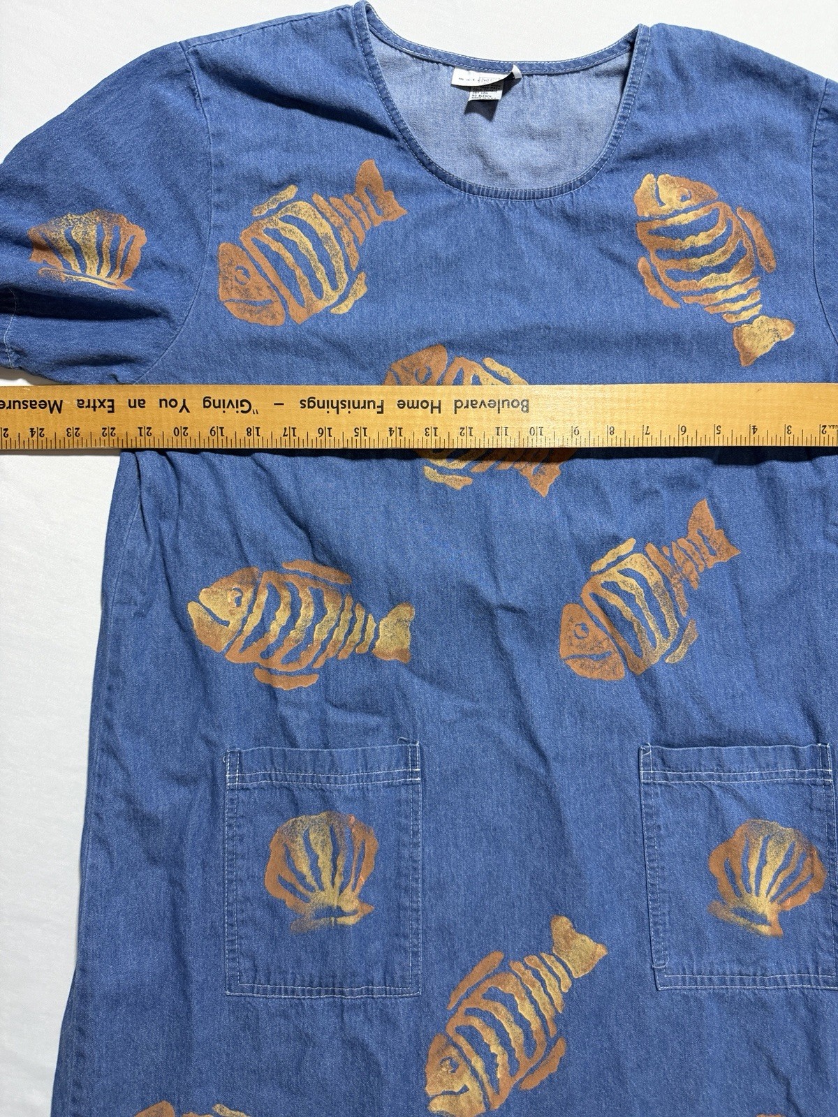 Match Point USA Vintage Denim Shift Dress XL Gold Fish Seashell Print Pockets