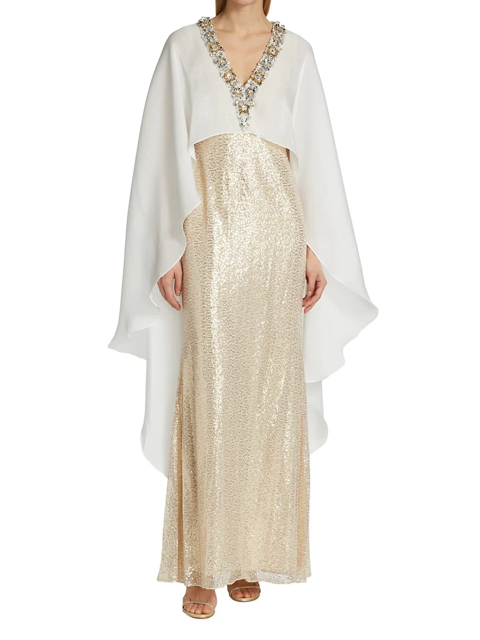 Badgley Mischka Sequined Cape Dress Gold sz 0 Modest $1300 NWT OSCAR GALA MOB