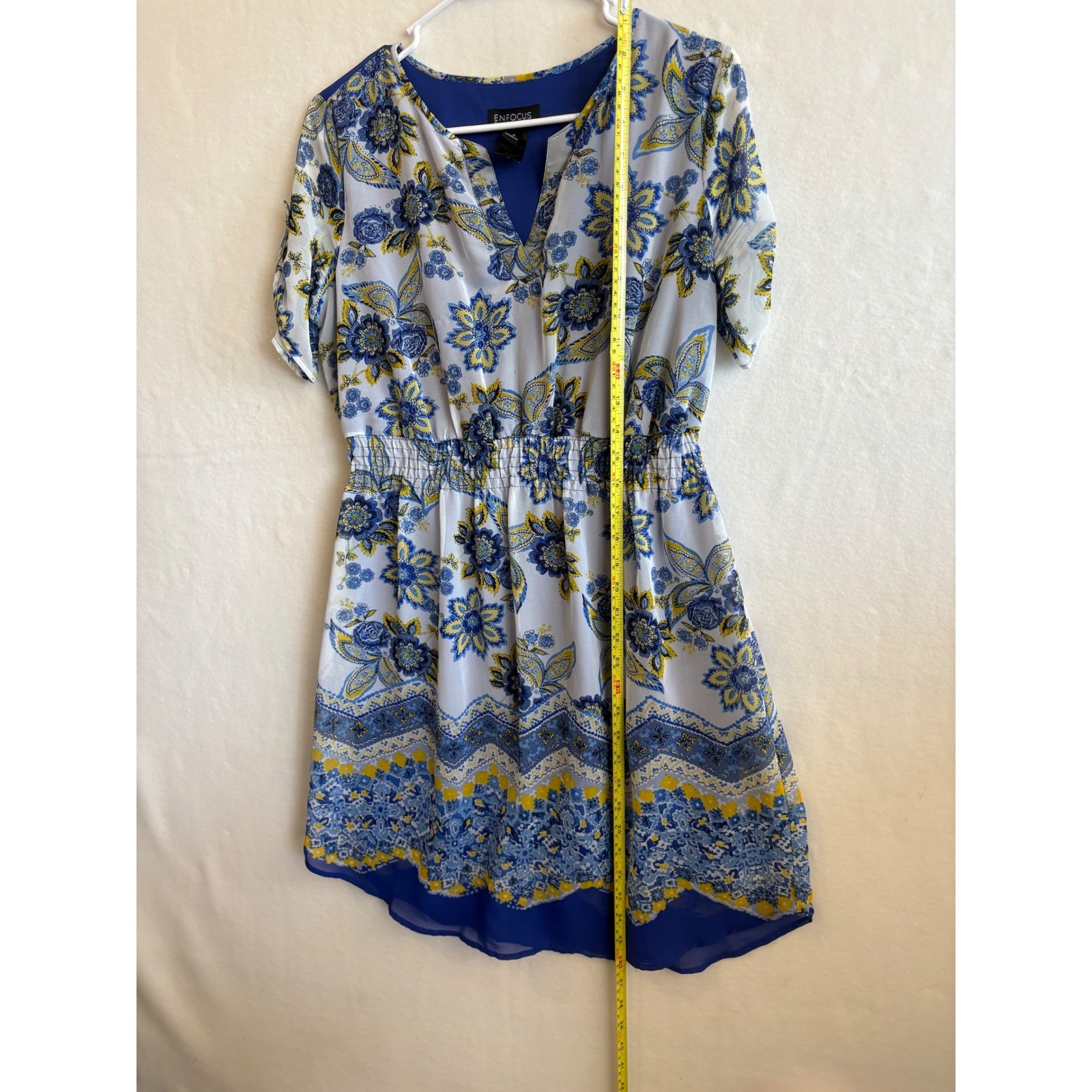 Enfocus Studio Blue Yellow Floral Smocked Waist Roll Tab Sleeve Dress Size 4