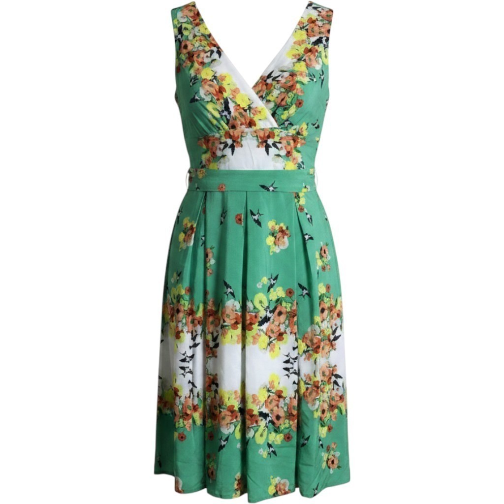 Dressbarn Women Floral Dress size4 Midi Green Cottagecore Spring Summer Pleated