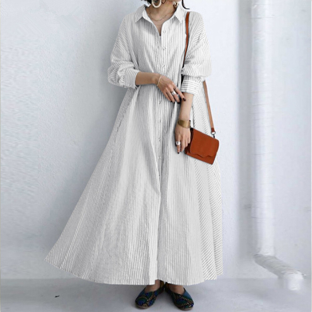 Spring Autumn Women Plus Size Casual Stripe Maxi Kaftan Ladies Long Shirt Dress