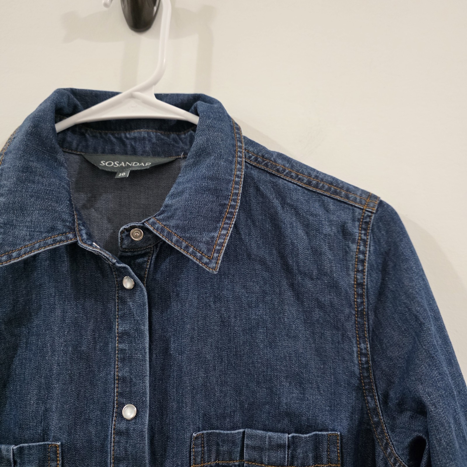 Womens Chambray Pearl Snap Mini Shirt Dress Size 10 Blue Cowgirl Roll Tab Sleeve