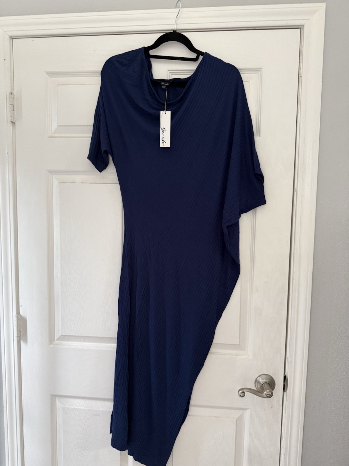 Yamaf Blue Solid One Shoulder Pleated Asymmetric Midi Dress One Size