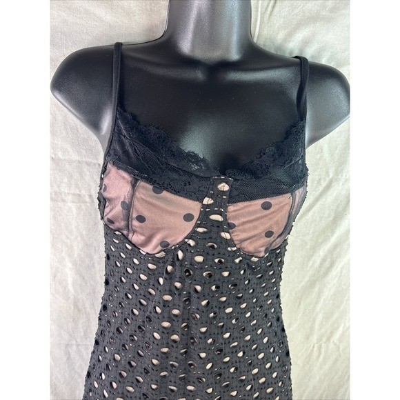 Dazy Med Black Eyelet Lace Bustier Mini Dress Polka Dot Trim Night Out Bodycon