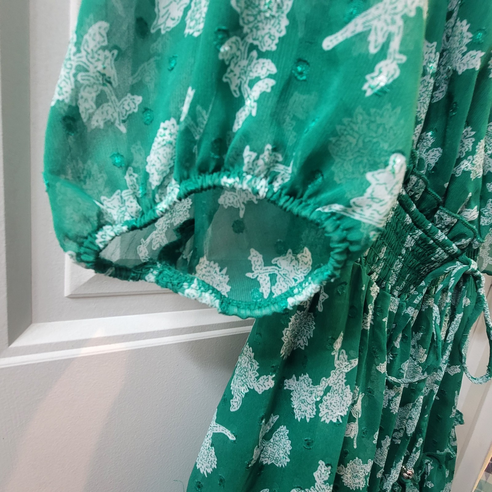Ryan Michelle Green Midi Floral Peasant Dress, Tiered, Boho, Cottagecore Small