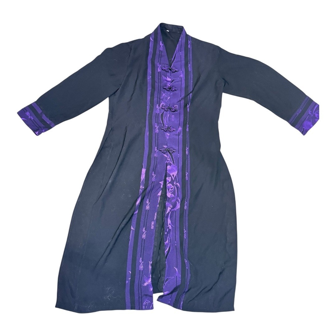 Handmade Malaysian Black & Purple Embroidered Tunic Frog Closure Long Duster