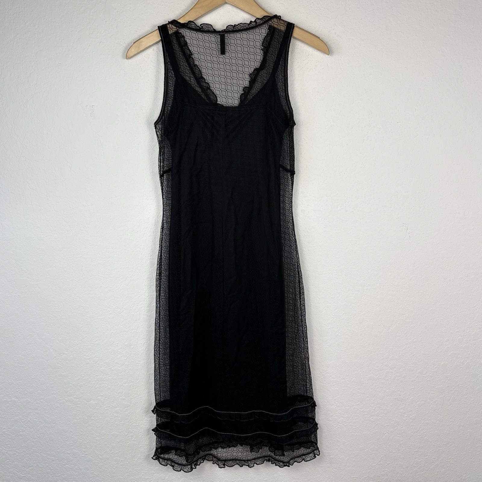 Vtg Y2K Poleci S Babydoll Slip Dress Midi Black Sheer Whimsigoth Witchy Prairie