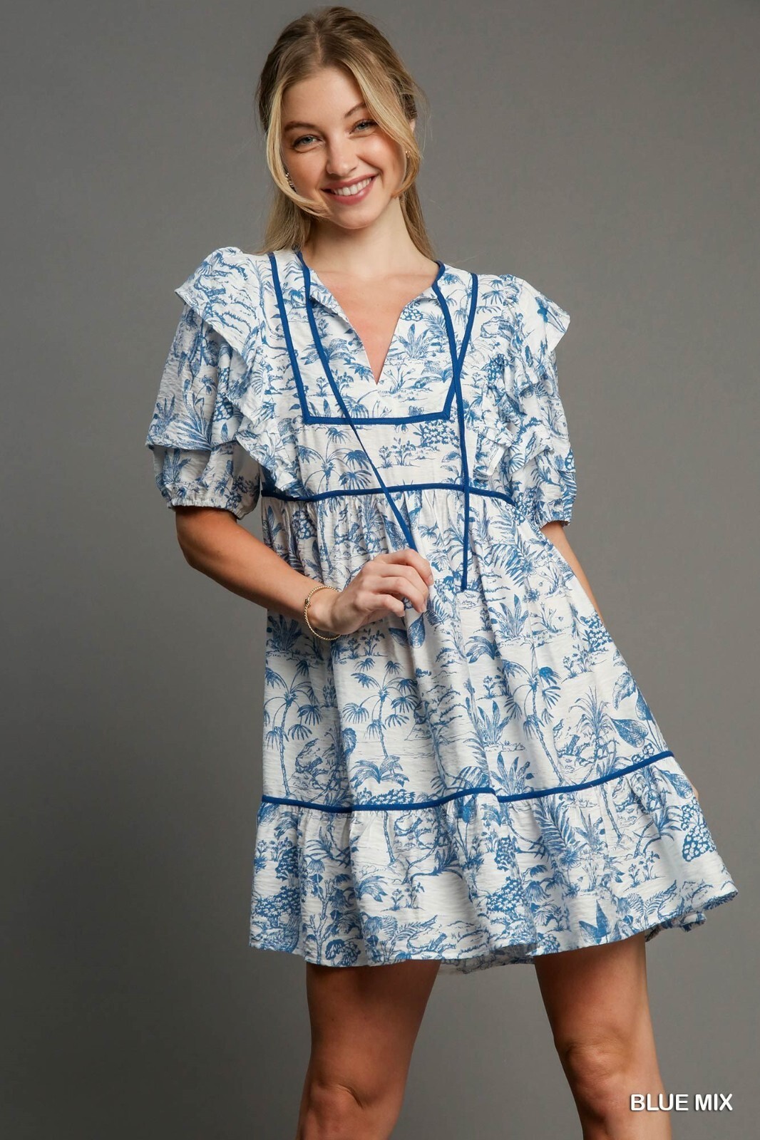 Umgee Blue Floral V-Neck A-line Dress w/Contrast Piping Ruffle Puff Sleeves