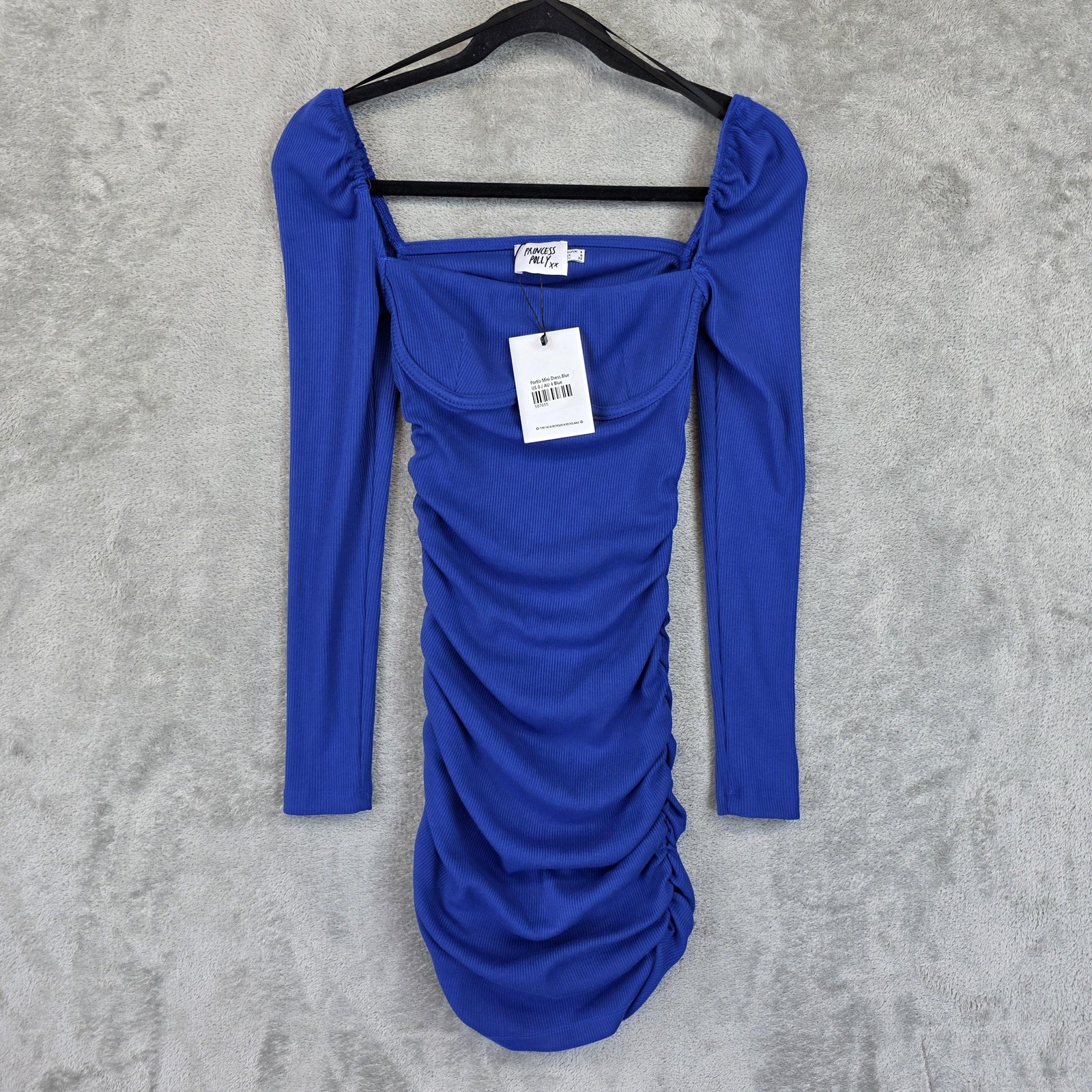 Princess Polly Portia Dress Womens 0 Blue Ruched Square Neck Long Sleeve Mini