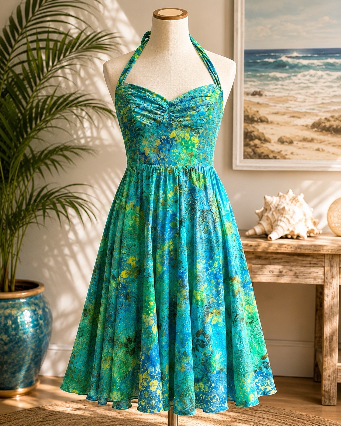 Pineapples Hawaii XL Beaded Floral Halter Dress Blue Rayon Resort Tropical