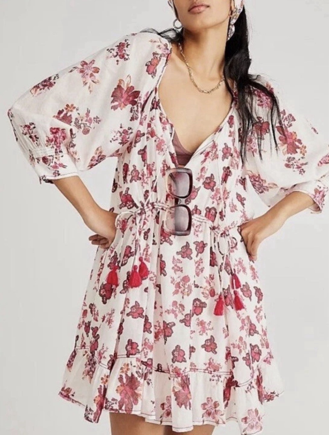 Free People Camella Dress Floral Puff Sleeve Tasseled Womens Medium Boho Coastal