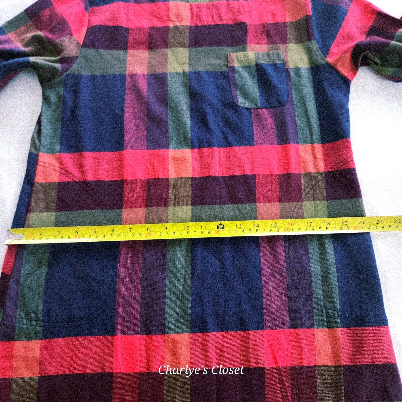 Vibrant Plaid Roll Tab Sleeve Pocket Casual Flannel-look Tunic Shirtdress Fits L