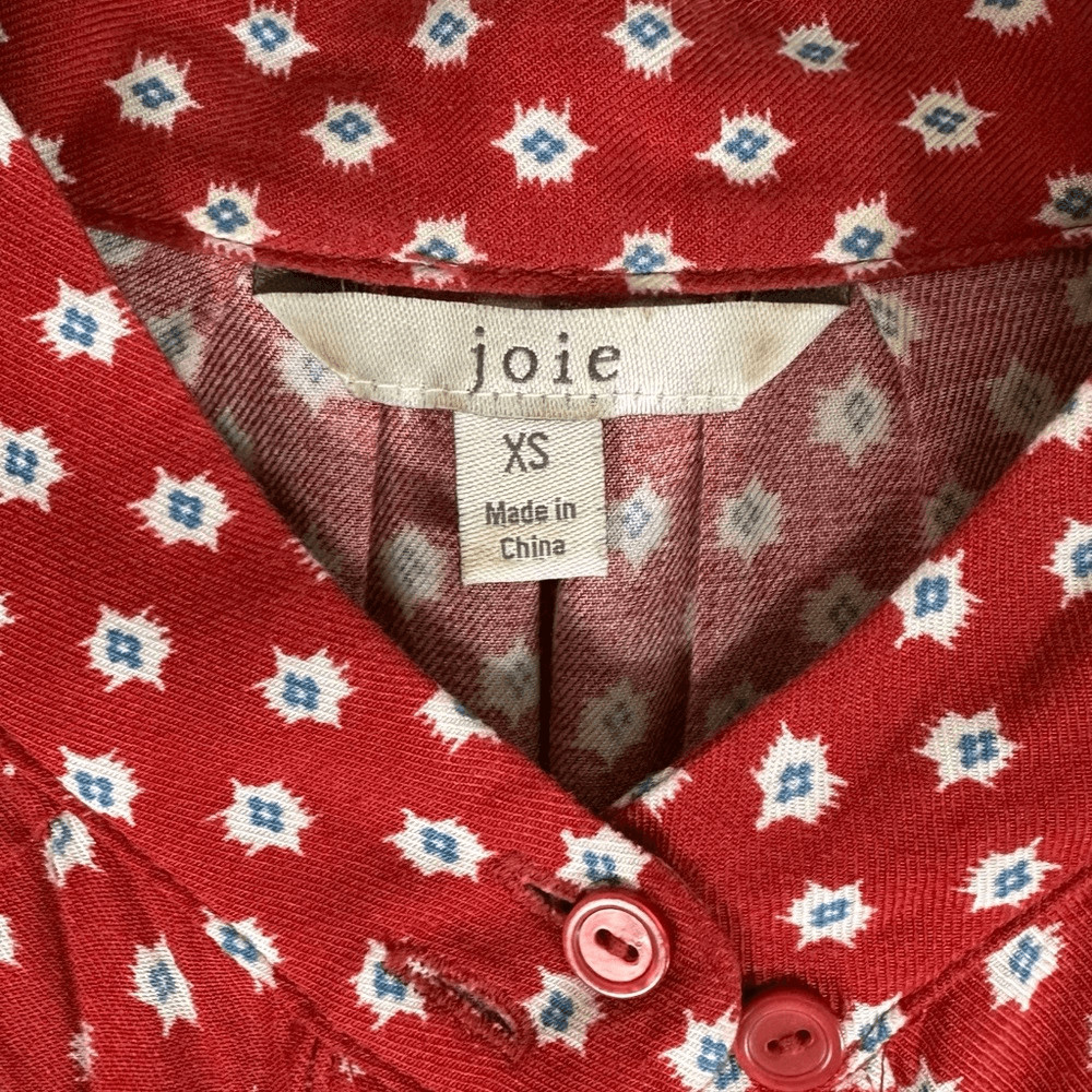 Joie Myune Red Ditsy Print Button Front Tie Waist Shirt Dress XS Boho Minimalist