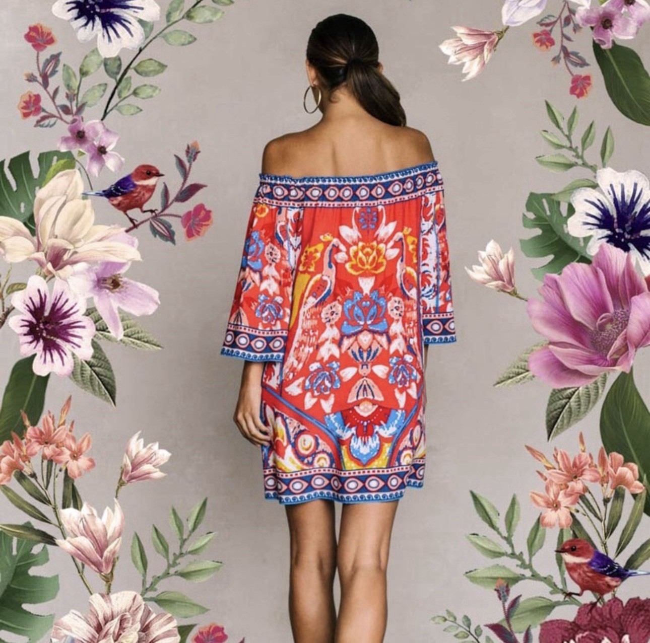 Premarket by Flying Tomato Boho Off The Shoulder Dress Red Bird Print Size L